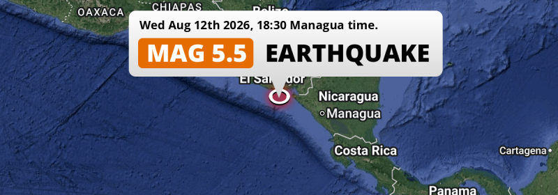 Significant M5.5 Earthquake struck on Wednesday Evening in the North Pacific Ocean near San Miguel (El Salvador).