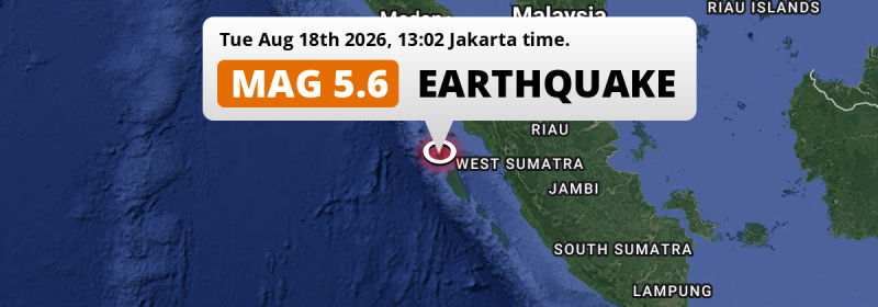 Shallow M5.6 Earthquake struck on Tuesday Afternoon in the Indian Ocean 217km from Padang (Indonesia).