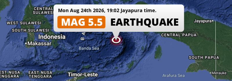 On Monday Evening a Shallow M5.5 Earthquake struck in the Banda Sea 225km from Ambon (Indonesia).