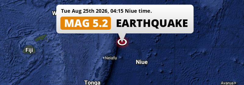 Shallow M5.2 Earthquake hit in the South Pacific Ocean 293km from Alofi (Niue) on Tuesday Night.