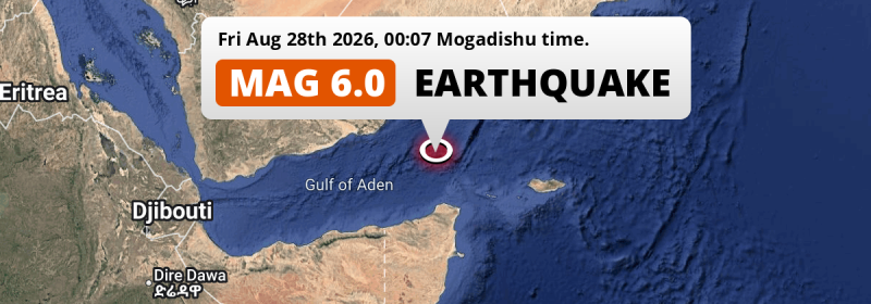 Shallow M6.0 Earthquake struck on Friday Night in the Gulf Of Aden 265km from Bosaso (Somalia).