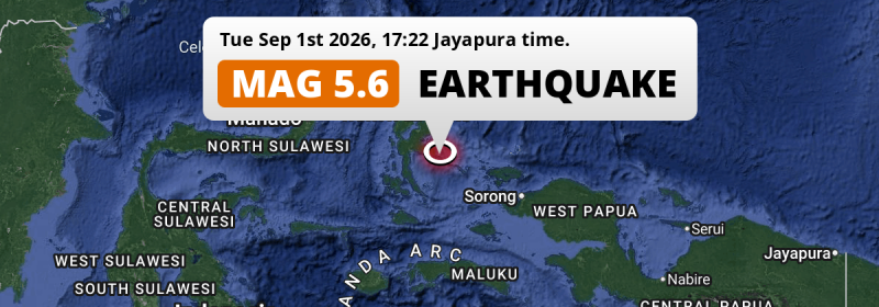 On Tuesday Afternoon a Shallow M5.6 Earthquake struck in the Halmahera Sea 172km from Ternate (Indonesia).