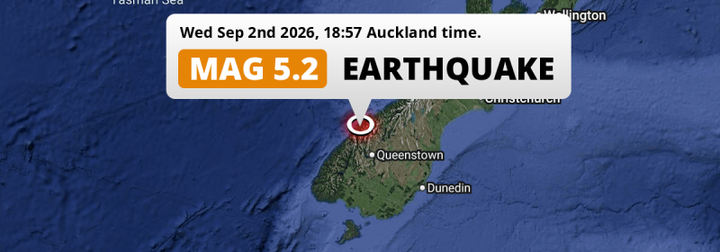 Shallow M5.2 AFTERSHOCK struck on Wednesday Evening 239km from Dunedin in New Zealand.