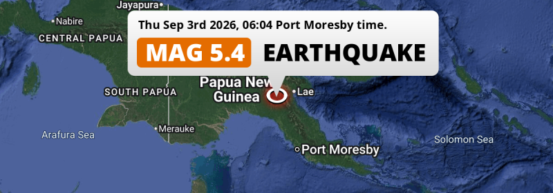 Significant M5.4 Earthquake hit near Bulolo in Papua New Guinea on Thursday Morning.