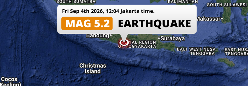 On Friday Afternoon a Shallow M5.2 Earthquake struck in the Indian Ocean near Purwokerto (Indonesia).
