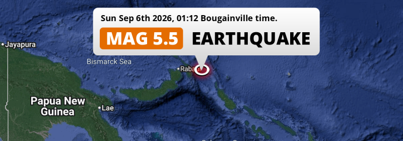 On Sunday Night a Significant M5.5 Earthquake struck in the South Pacific Ocean 158km from Kokopo (Papua New Guinea).