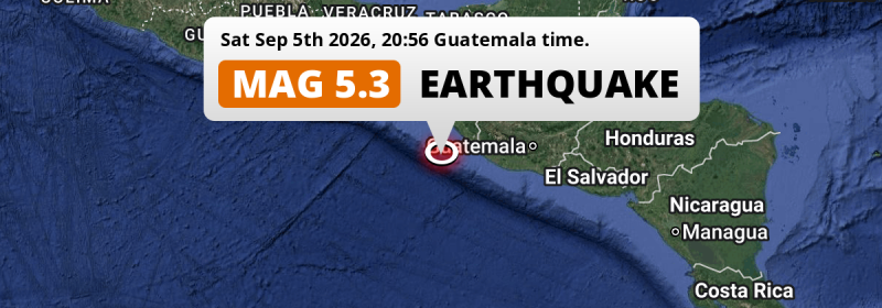 Shallow M5.3 Earthquake struck on Saturday Evening in the North Pacific Ocean 135km from Tapachula (Mexico).