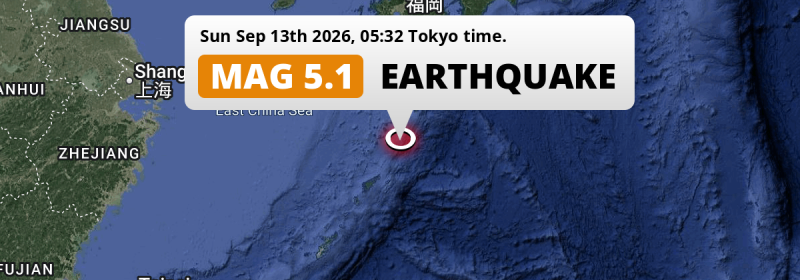 Significant M5.1 Earthquake hit in the East China Sea 250km from Kagoshima (Japan) on Sunday Night.