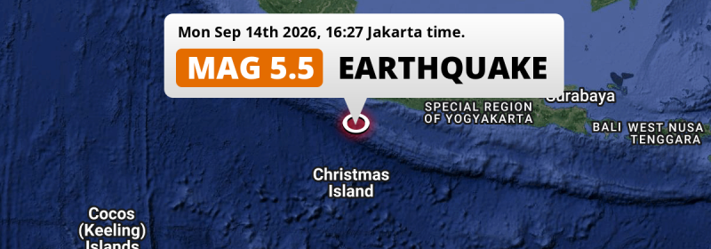On Monday Afternoon a Shallow M5.5 Earthquake struck in the Indian Ocean 260km from Depok (Indonesia).