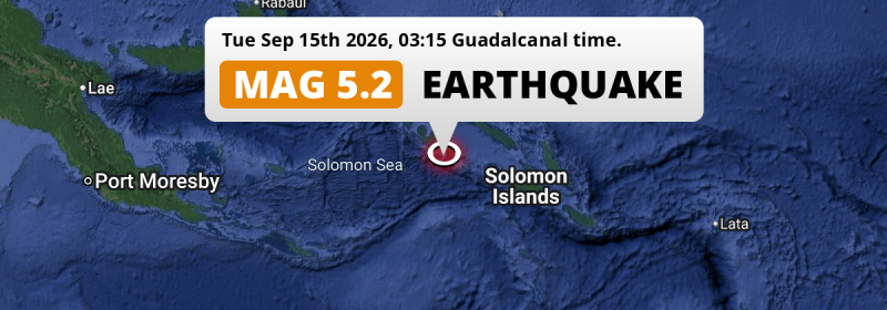 On Tuesday Night a Shallow M5.2 Earthquake struck in the Solomon Sea 248km from Honiara (Solomon Islands).