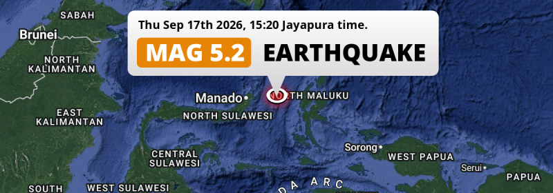 On Thursday Afternoon a Shallow M5.2 Earthquake struck in the Maluku Sea 163km from Manado (Indonesia).