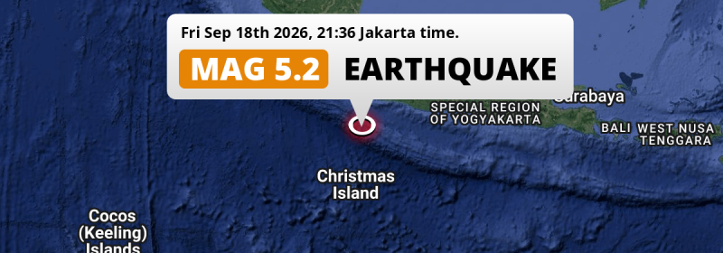 On Friday Evening a Shallow M5.2 Earthquake struck in the Indian Ocean 262km from Depok (Indonesia).