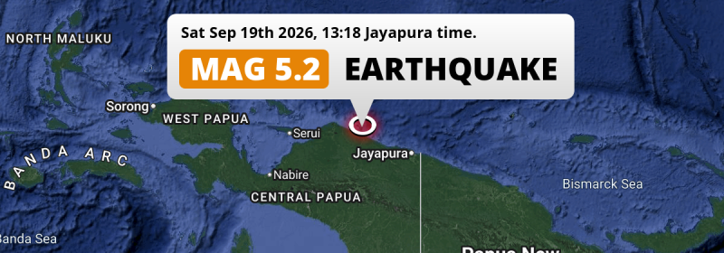 Shallow M5.2 Earthquake struck on Saturday Afternoon in the South Pacific Ocean 217km from Jayapura (Indonesia).