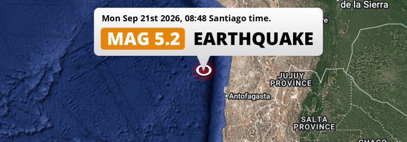 Shallow M5.2 Earthquake struck on Monday Morning in the South Pacific Ocean 208km from Antofagasta (Chile).
