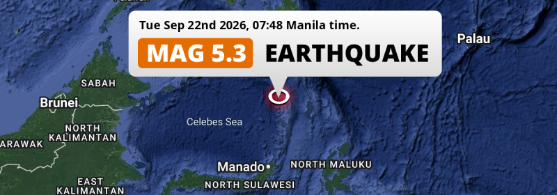 Shallow M5.3 Earthquake hit in the Sulawesi Sea 178km from General Santos (The Philippines) on Tuesday Morning.
