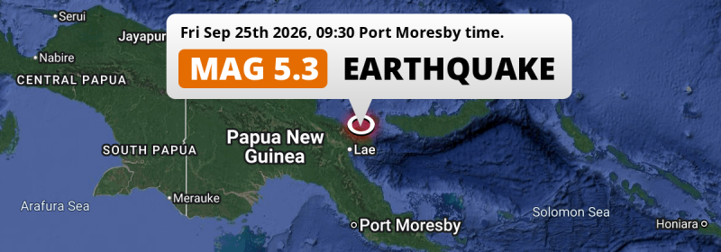 Significant M5.3 Earthquake struck on Friday Morning near Lae in Papua New Guinea.