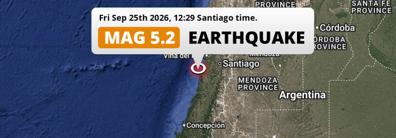 Shallow M5.2 Earthquake struck on Friday Afternoon in the South Pacific Ocean near San Antonio (Chile).