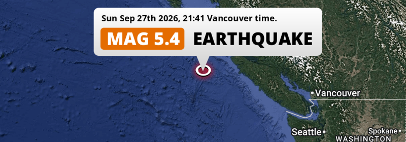 Shallow M5.4 Earthquake struck on Sunday Evening in the North Pacific Ocean 276km from Vernon Lake (Canada).