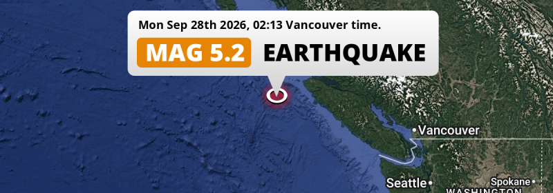On Monday Night a Shallow M5.2 AFTERSHOCK struck in the North Pacific Ocean 237km from Vernon Lake (Canada).