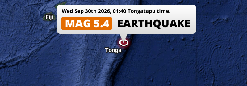 Shallow M5.4 Earthquake hit in the South Pacific Ocean 127km from Nuku‘alofa (Tonga) on Wednesday Night.