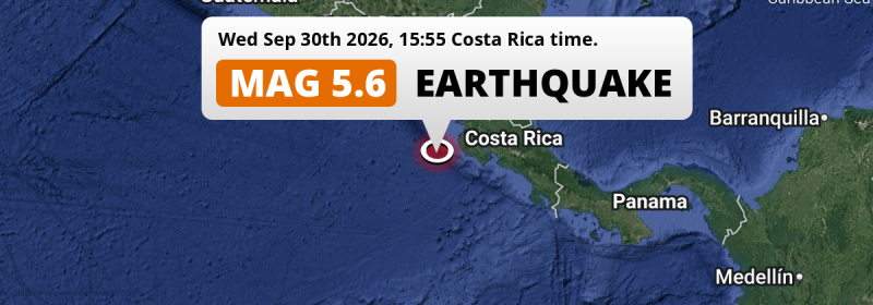 Shallow M5.6 Earthquake struck on Wednesday Afternoon in the North Pacific Ocean 266km from San José (Costa Rica).
