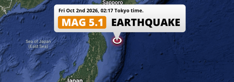 Significant M5.1 Earthquake struck on Friday Night in the North Pacific Ocean 174km from Morioka (Japan).