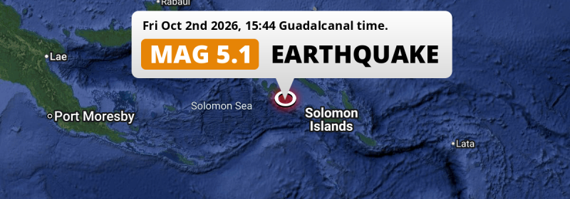 Shallow M5.1 Earthquake hit in the Solomon Sea 219km from Honiara (Solomon Islands) on Friday Afternoon.