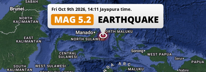 Significant M5.2 Earthquake hit in the Maluku Sea 145km from Manado (Indonesia) on Friday Afternoon.
