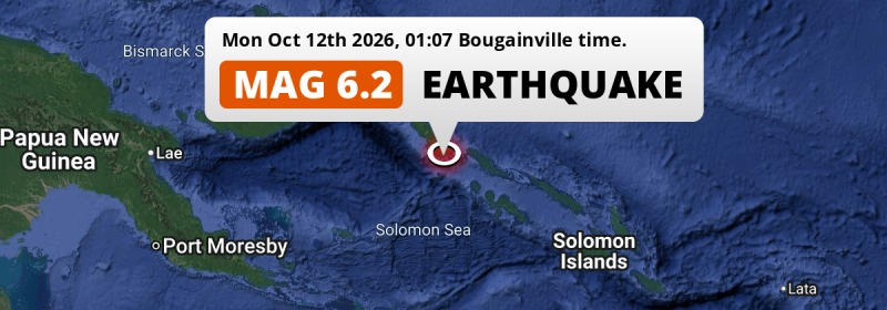 Strong M6.2 Earthquake struck on Monday Night in the Solomon Sea near Arawa (Papua New Guinea).