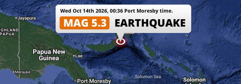 Shallow M5.3 FORESHOCK struck on Wednesday Night in the Solomon Sea 124km from Kokopo (Papua New Guinea).