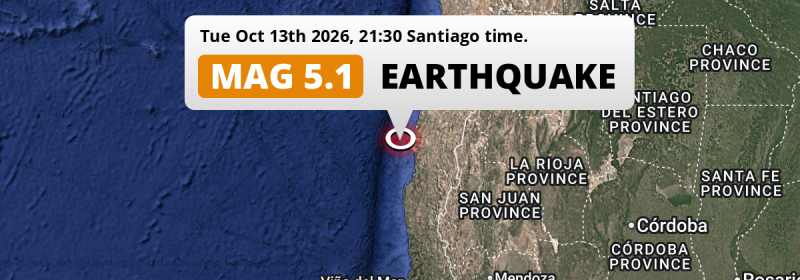 Shallow M5.1 Earthquake hit in the South Pacific Ocean near Coquimbo (Chile) on Tuesday Evening.