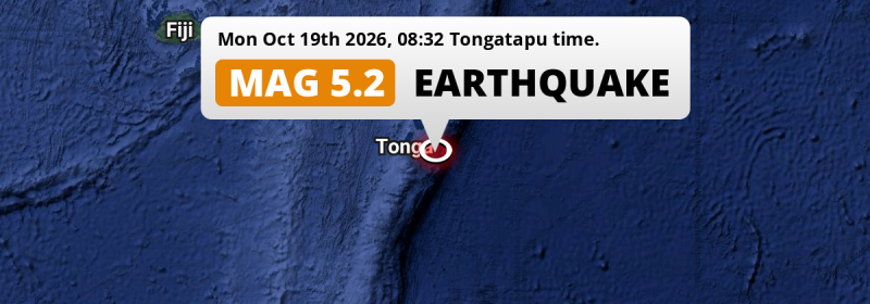 On Monday Morning a Shallow M5.2 Earthquake struck in the South Pacific Ocean 104km from Nuku‘alofa (Tonga).