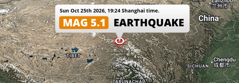 Shallow M5.1 AFTERSHOCK struck on Sunday Evening 199km from Nagqu in China.