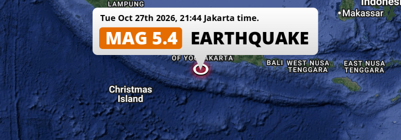 Shallow M5.4 Earthquake hit in the Indian Ocean 146km from Yogyakarta (Indonesia) on Tuesday Evening.