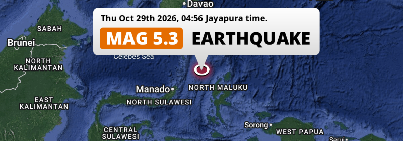 Significant M5.3 Earthquake hit in the Maluku Sea 237km from Manado (Indonesia) on Thursday Night.