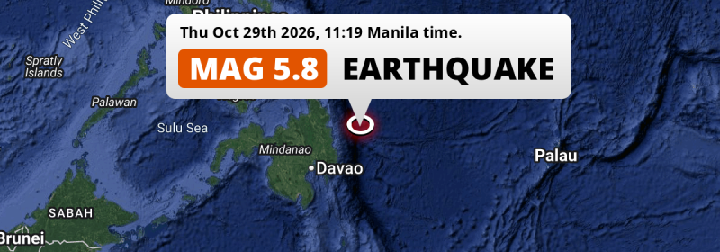 Shallow M5.8 Earthquake struck on Thursday Morning in the Philippine Sea 245km from Davao (The Philippines).