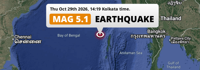Shallow M5.1 Earthquake struck on Thursday Afternoon in the Bay Of Bengal 224km from Port Blair (India).