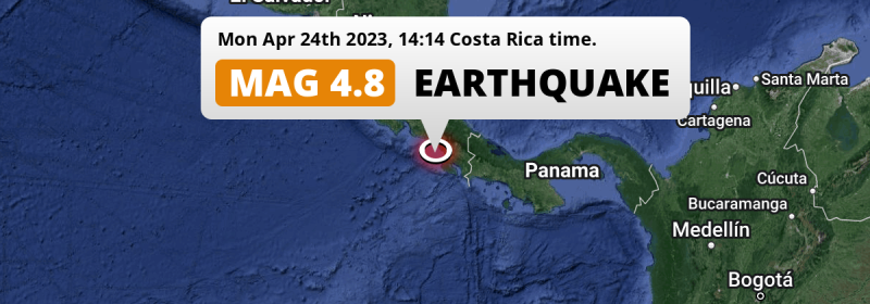 On Monday Afternoon a Shallow M4.8 Earthquake struck in the North Pacific Ocean near San Isidro (Costa Rica).