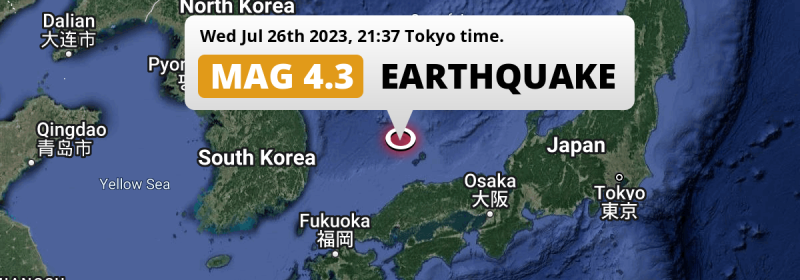 Shallow M4.3 Earthquake struck on Wednesday Evening in the Sea of Japan 120km from Matsue (Japan).
