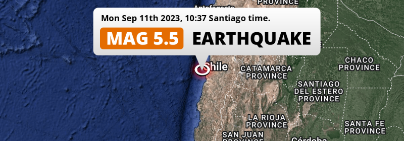 On Monday Morning a Shallow M5.5 Earthquake struck in the South Pacific Ocean near Copiapó (Chile).