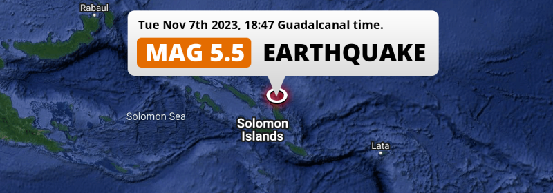 On Tuesday Evening a Significant M5.5 Earthquake struck in the South Pacific Ocean 152km from Honiara (Solomon Islands).