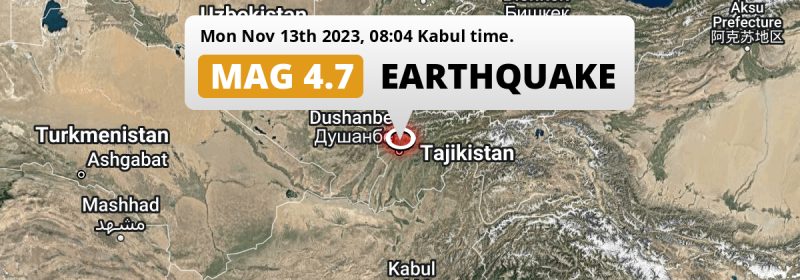 Shallow M4.7 Earthquake hit near Dushanbe in Tajikistan on Monday Morning.