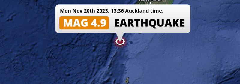 On Monday Afternoon a Shallow M4.9 Earthquake struck in the Tasman Sea 296km from Invercargill (New Zealand).