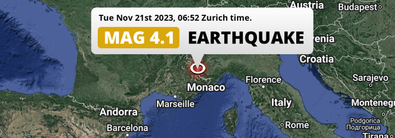 Shallow M4.1 Earthquake hit near Nice in France on Tuesday Morning.