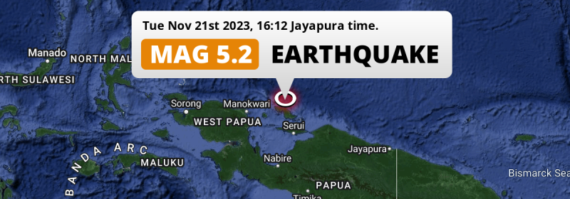 On Tuesday Afternoon a Shallow M5.3 Earthquake struck in the South Pacific Ocean 200km from Manokwari (Indonesia).