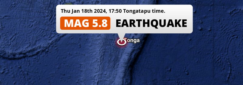 On Thursday Afternoon a Significant M5.8 Earthquake struck in the South Pacific Ocean 124km from Nuku‘alofa (Tonga).