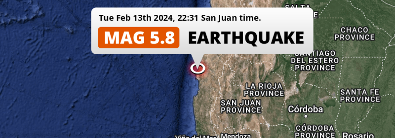 On Tuesday Evening a Shallow M5.8 Earthquake struck near Vallenar in Chile.