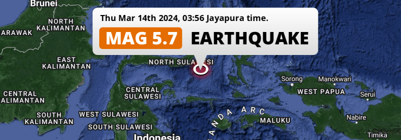 Significant M5.7 Earthquake hit in the Maluku Sea 186km from Manado (Indonesia) on Thursday Night.
