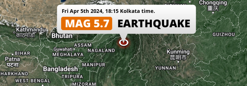 Significant M5.7 Earthquake struck on Friday Evening 82mi from Myitkyina in Myanmar.