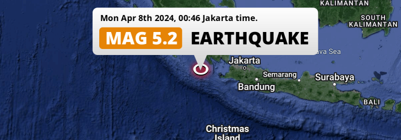 Significant M5.2 Earthquake struck on Monday Night in the Indian Ocean 192km from Bandar Lampung (Indonesia).